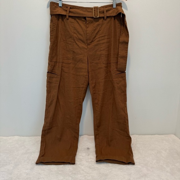 Vince Belted Linen Blend Utility Capri Pants Womens Sz L Brown Cuffed High Rise - Picture 2 of 12